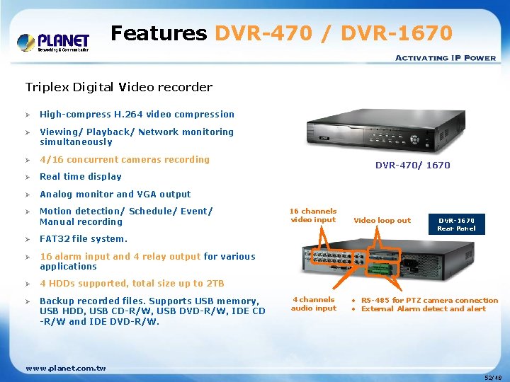 Features DVR-470 / DVR-1670 Triplex Digital Video recorder Ø High-compress H. 264 video compression