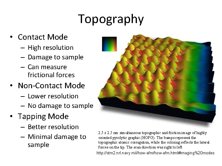 Topography • Contact Mode – High resolution – Damage to sample – Can measure