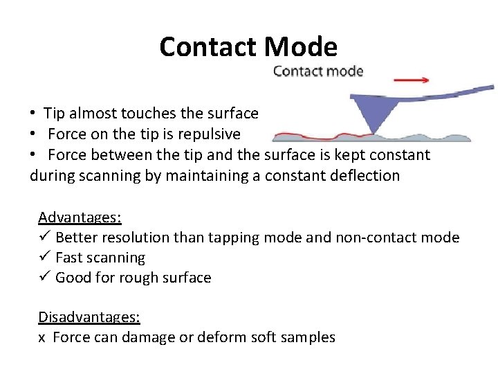 Contact Mode • Tip almost touches the surface • Force on the tip is