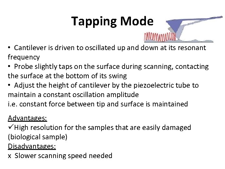 Tapping Mode • Cantilever is driven to oscillated up and down at its resonant