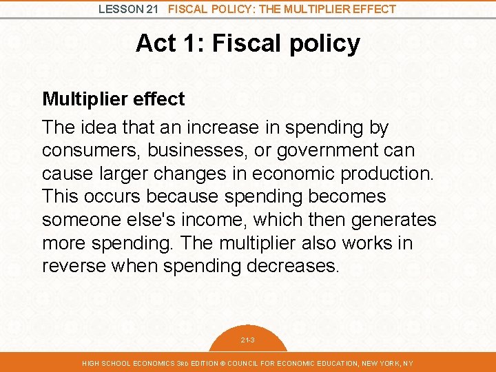 LESSON 21 FISCAL POLICY: THE MULTIPLIER EFFECT Act 1: Fiscal policy Multiplier effect The