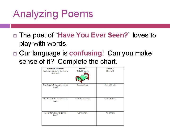 Analyzing Poems The poet of “Have You Ever Seen? ” loves to play with