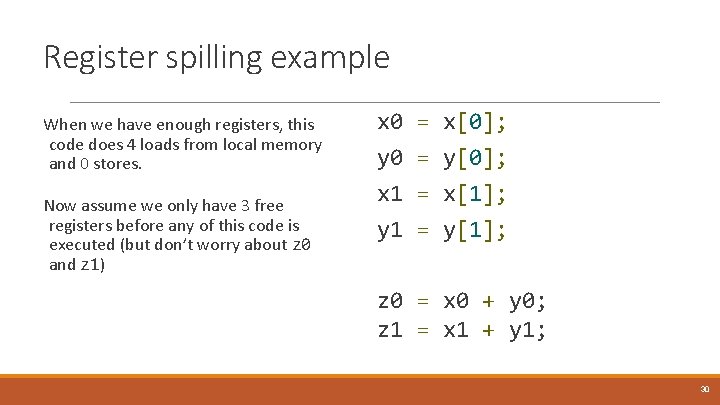 Register spilling example When we have enough registers, this code does 4 loads from