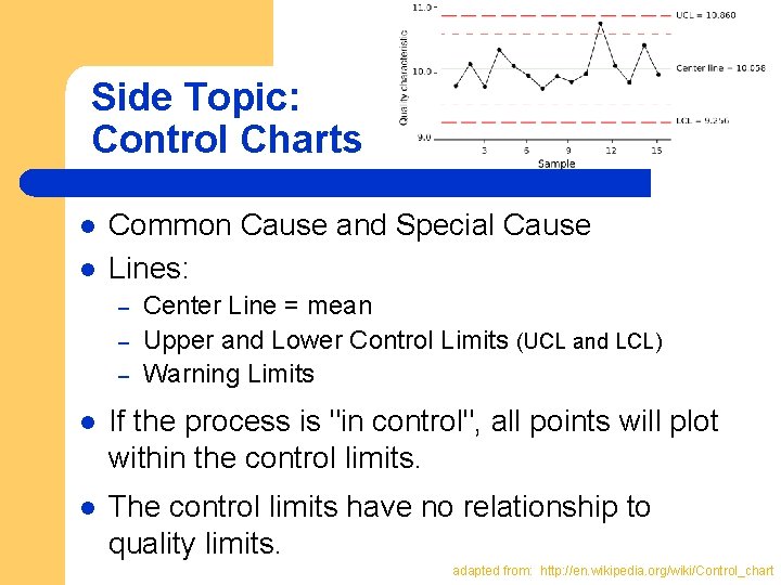 Side Topic: Control Charts l l Common Cause and Special Cause Lines: – – Side Topic: Control Charts l l Common Cause and Special Cause Lines: – –