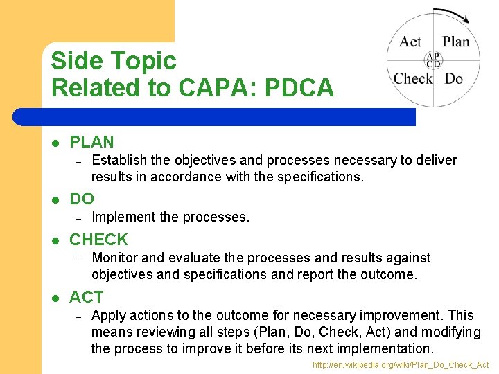 Side Topic Related to CAPA: PDCA l PLAN – l DO – l Implement Side Topic Related to CAPA: PDCA l PLAN – l DO – l Implement