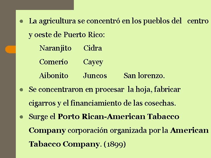 ● La agricultura se concentró en los pueblos del centro y oeste de Puerto ● La agricultura se concentró en los pueblos del centro y oeste de Puerto