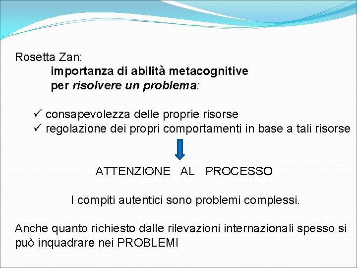 Rosetta Zan: importanza di abilità metacognitive per risolvere un problema: ü consapevolezza delle proprie