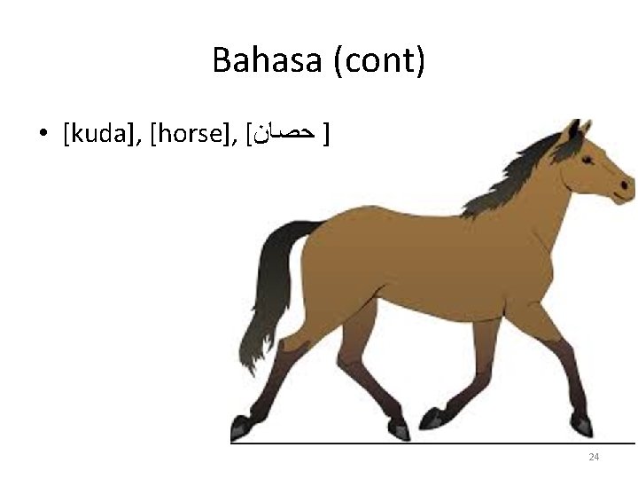 Bahasa (cont) • [kuda], [horse], [ ] ﺣﺼﺎﻥ 24 