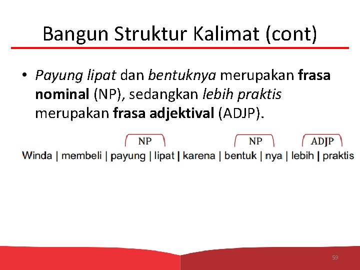 Bangun Struktur Kalimat (cont) • Payung lipat dan bentuknya merupakan frasa nominal (NP), sedangkan