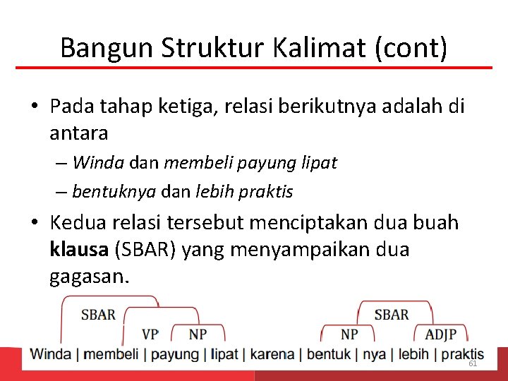 Bangun Struktur Kalimat (cont) • Pada tahap ketiga, relasi berikutnya adalah di antara –