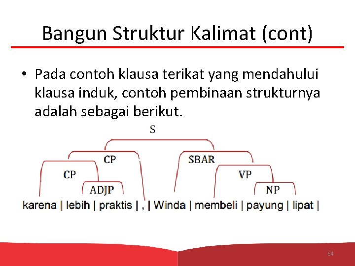 Bangun Struktur Kalimat (cont) • Pada contoh klausa terikat yang mendahului klausa induk, contoh