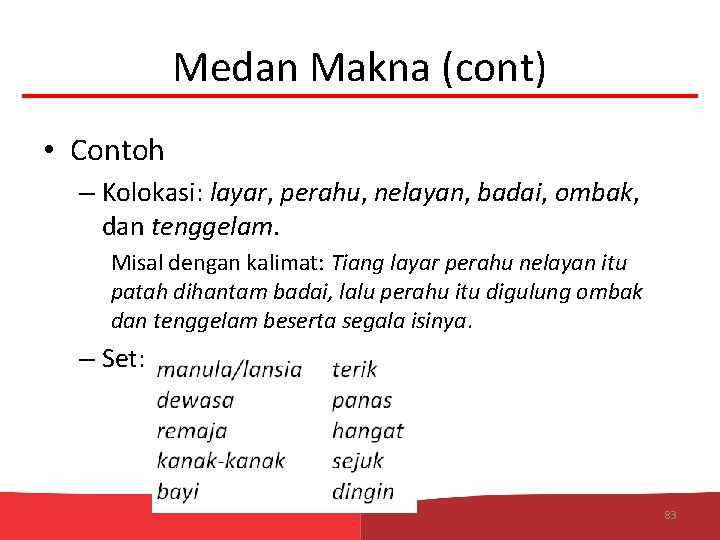 Medan Makna (cont) • Contoh – Kolokasi: layar, perahu, nelayan, badai, ombak, dan tenggelam.