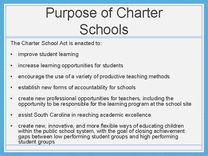 Purpose of Charter Schools The Charter School Act is enacted to: • improve student