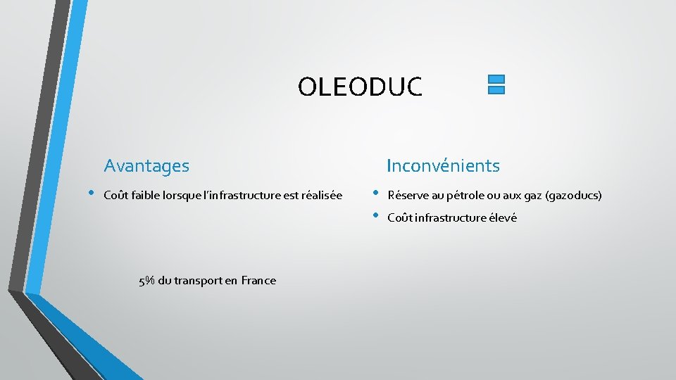 OLEODUC Avantages • Coût faible lorsque l’infrastructure est réalisée 5% du transport en France