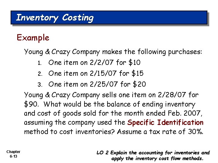 Inventory Costing Example Young & Crazy Company makes the following purchases: 1. One item