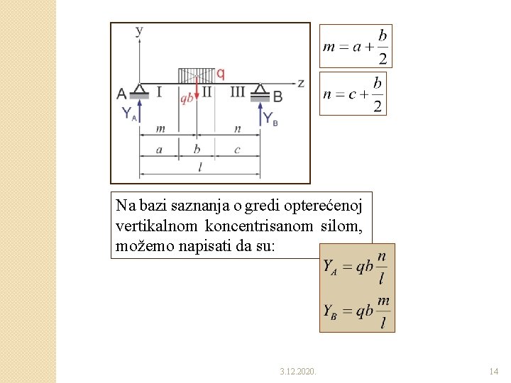 Na bazi saznanja o gredi opterećenoj vertikalnom koncentrisanom silom, možemo napisati da su: 3. Na bazi saznanja o gredi opterećenoj vertikalnom koncentrisanom silom, možemo napisati da su: 3.
