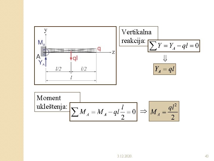 Vertikalna reakcija: Moment ukleštenja: 3. 12. 2020. 43 Vertikalna reakcija: Moment ukleštenja: 3. 12. 2020. 43