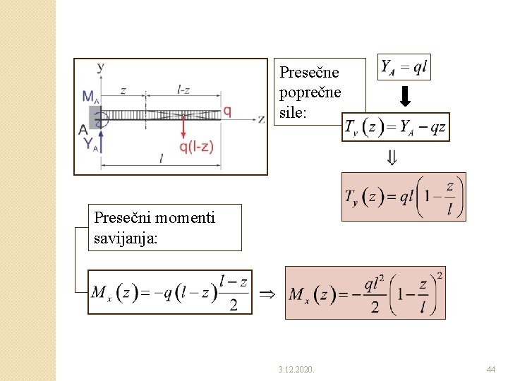 Presečne poprečne sile: Presečni momenti savijanja: 3. 12. 2020. 44 Presečne poprečne sile: Presečni momenti savijanja: 3. 12. 2020. 44