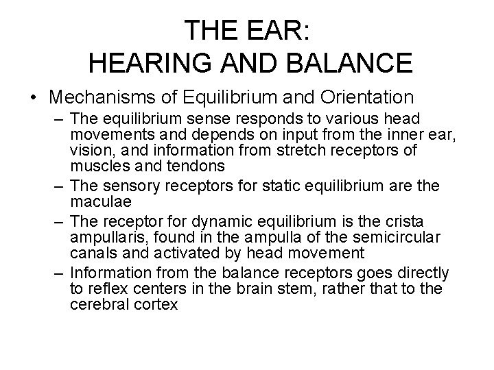 THE EAR: HEARING AND BALANCE • Mechanisms of Equilibrium and Orientation – The equilibrium