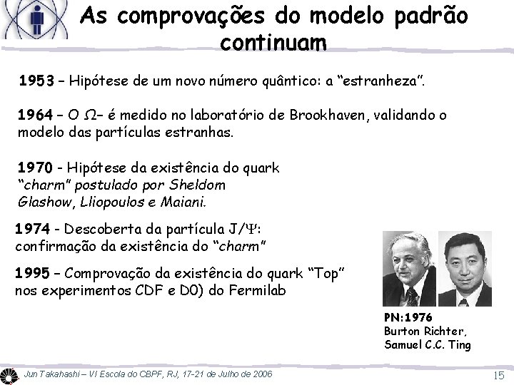 As comprovações do modelo padrão continuam 1953 – Hipótese de um novo número quântico: