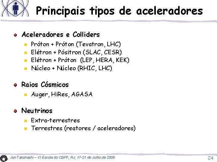 Principais tipos de aceleradores Aceleradores e Colliders n n Próton + Próton (Tevatron, LHC)