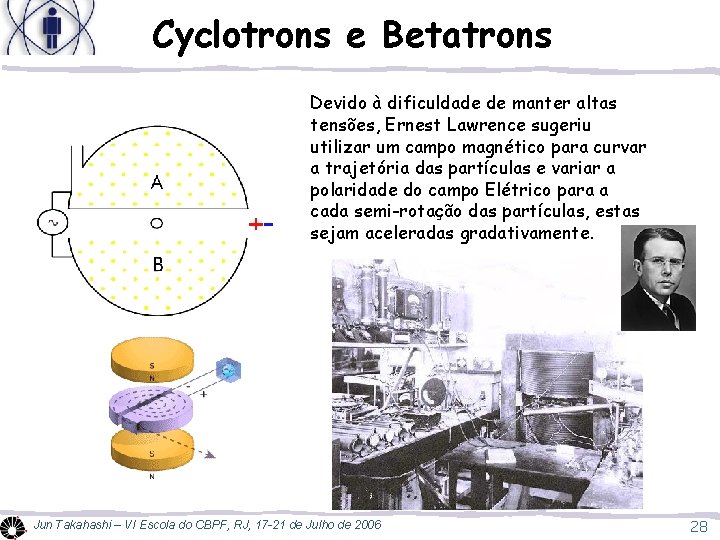 Cyclotrons e Betatrons Devido à dificuldade de manter altas tensões, Ernest Lawrence sugeriu utilizar Cyclotrons e Betatrons Devido à dificuldade de manter altas tensões, Ernest Lawrence sugeriu utilizar