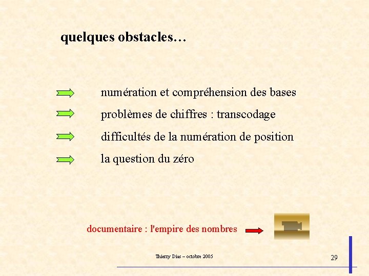 quelques obstacles… numération et compréhension des bases problèmes de chiffres : transcodage difficultés de