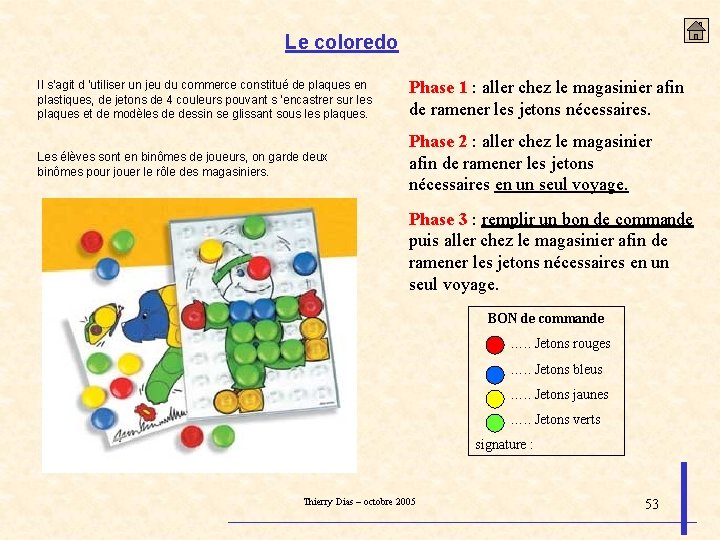 Le coloredo Il s’agit d ’utiliser un jeu du commerce constitué de plaques en