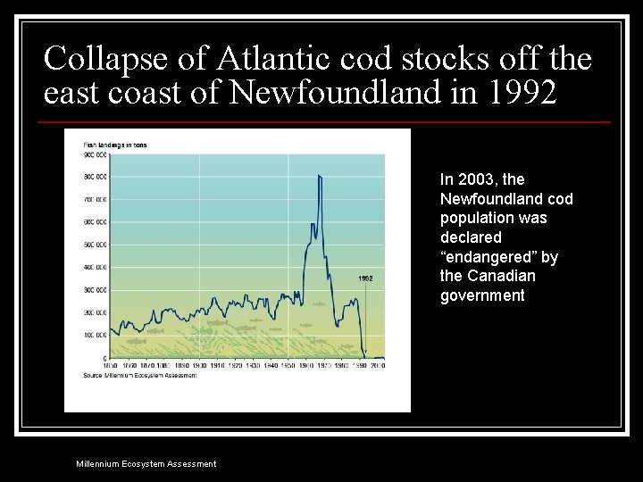 Collapse of Atlantic cod stocks off the east coast of Newfoundland in 1992 In