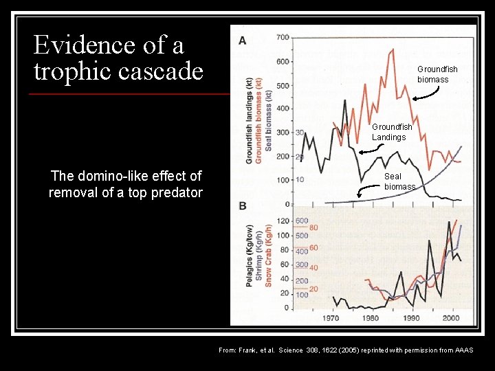 Evidence of a trophic cascade Groundfish biomass Groundfish Landings The domino-like effect of removal