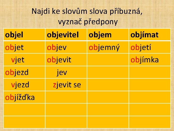 Najdi ke slovům slova příbuzná, vyznač předpony objel objevitel objem objímat objev objemný objetí