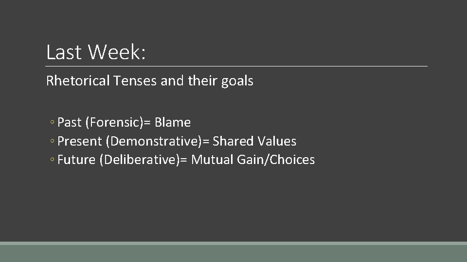 Last Week: Rhetorical Tenses and their goals ◦ Past (Forensic)= Blame ◦ Present (Demonstrative)= Last Week: Rhetorical Tenses and their goals ◦ Past (Forensic)= Blame ◦ Present (Demonstrative)=
