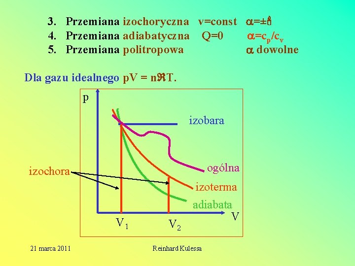 3. Przemiana izochoryczna v=const =± 4. Przemiana adiabatyczna Q=0 =cp/cv 5. Przemiana politropowa dowolne 3. Przemiana izochoryczna v=const =± 4. Przemiana adiabatyczna Q=0 =cp/cv 5. Przemiana politropowa dowolne