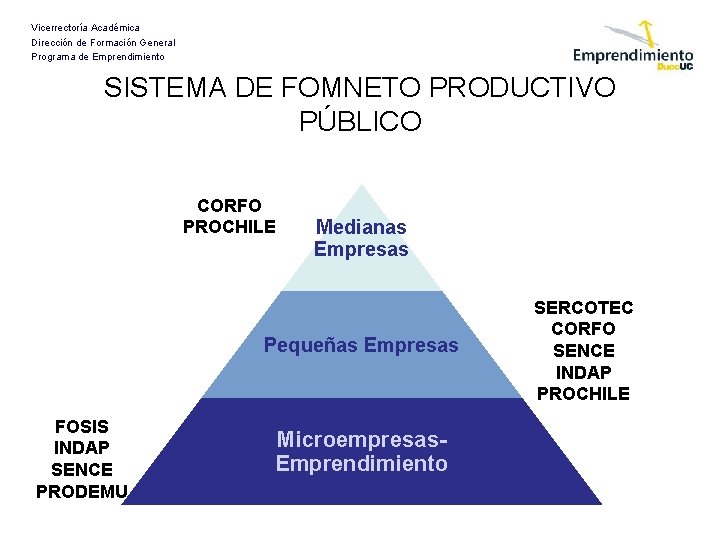 Vicerrectoría Académica Dirección de Formación General Programa de Emprendimiento SISTEMA DE FOMNETO PRODUCTIVO PÚBLICO