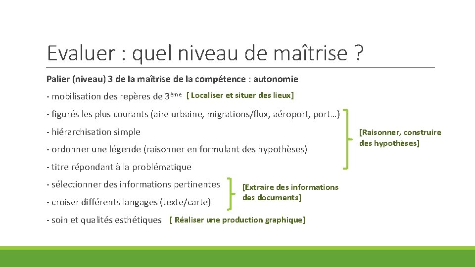 Evaluer : quel niveau de maîtrise ? Palier (niveau) 3 de la maîtrise de
