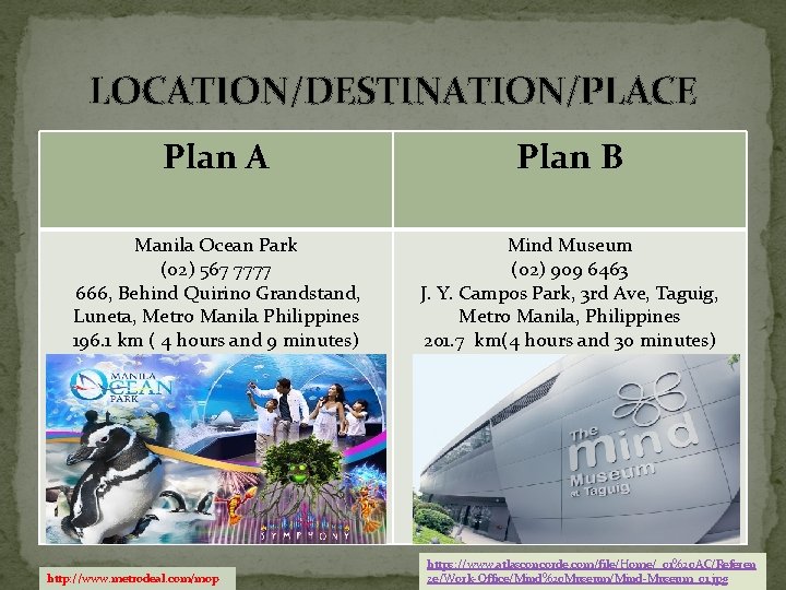 LOCATION/DESTINATION/PLACE Plan A Plan B Manila Ocean Park (02) 567 7777 666, Behind Quirino