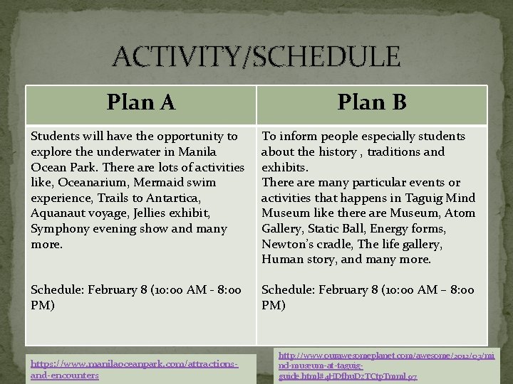 ACTIVITY/SCHEDULE Plan A Plan B Students will have the opportunity to explore the underwater ACTIVITY/SCHEDULE Plan A Plan B Students will have the opportunity to explore the underwater