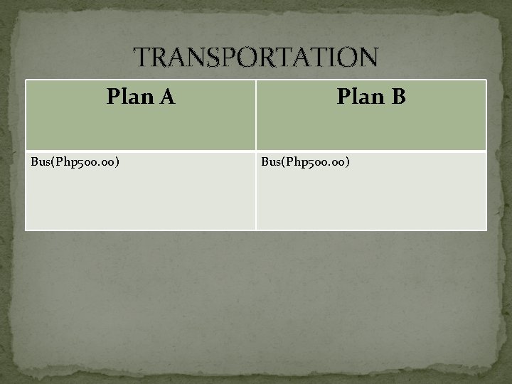 TRANSPORTATION Plan A Bus(Php 500. 00) Plan B Bus(Php 500. 00) 