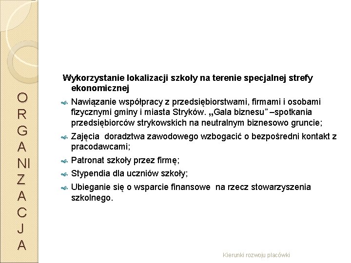 O R G A NI Z A C J A Wykorzystanie lokalizacji szkoły na