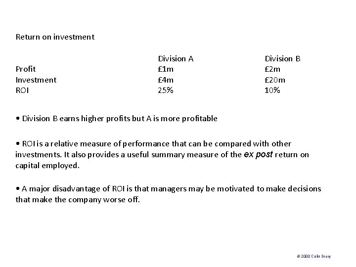 Return on investment Profit Investment ROI Division A £ 1 m £ 4 m