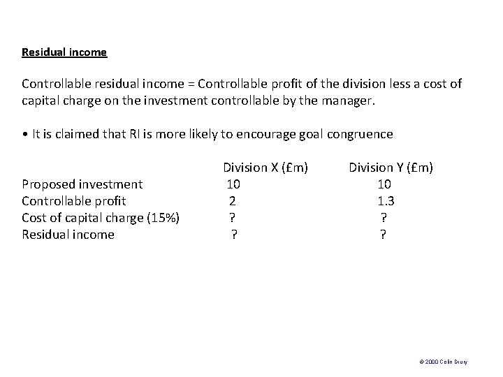 Residual income Controllable residual income = Controllable profit of the division less a cost