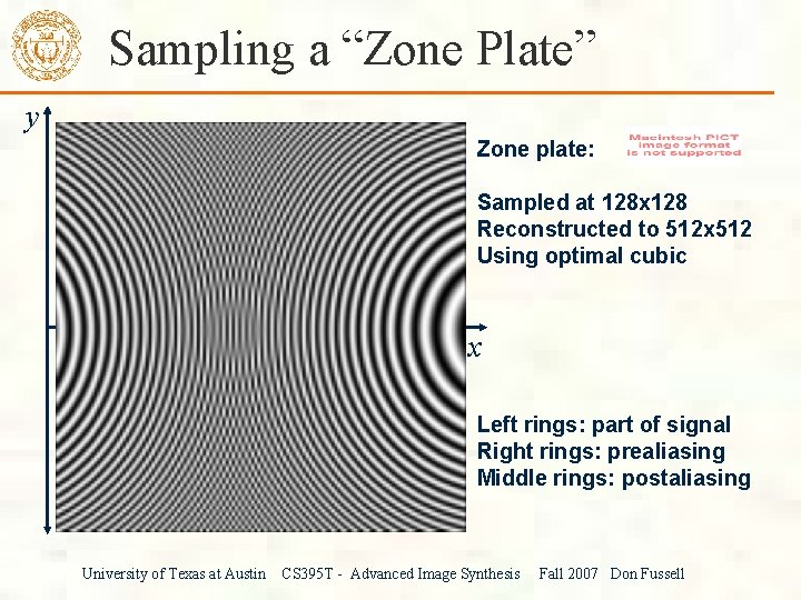 Sampling a “Zone Plate” y Zone plate: Sampled at 128 x 128 Reconstructed to