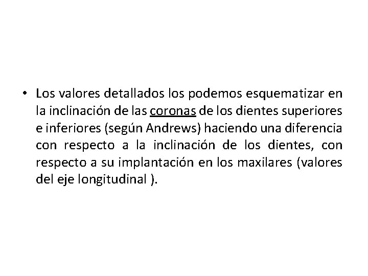  • Los valores detallados los podemos esquematizar en la inclinación de las coronas