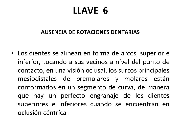 LLAVE 6 AUSENCIA DE ROTACIONES DENTARIAS • Los dientes se alinean en forma de