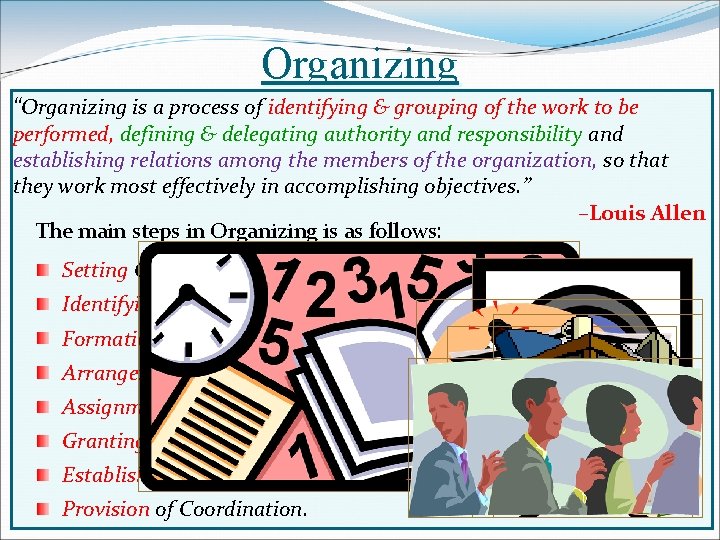 Organizing “Organizing is a process of identifying & grouping of the work to be