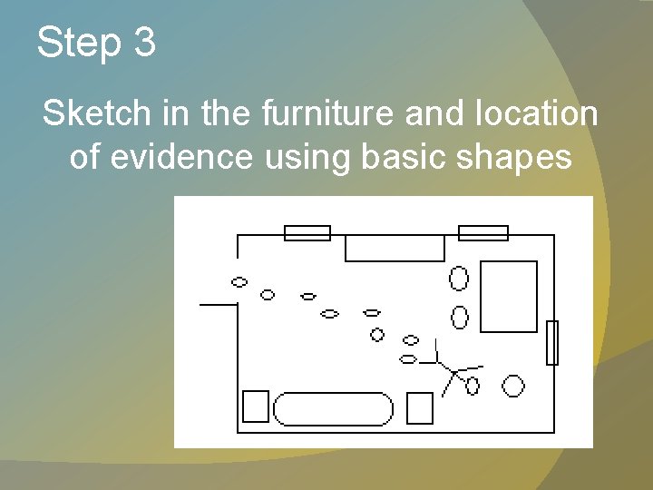 Step 3 Sketch in the furniture and location of evidence using basic shapes 