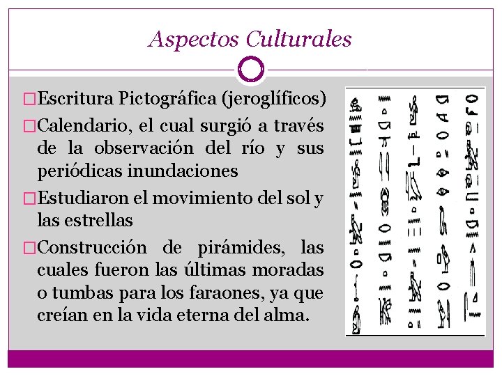 Aspectos Culturales �Escritura Pictográfica (jeroglíficos) �Calendario, el cual surgió a través de la observación