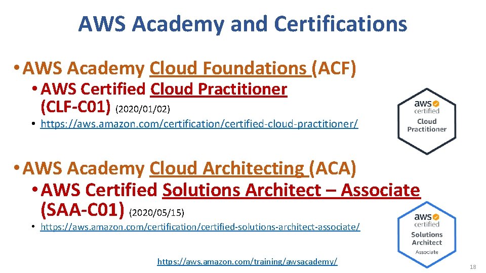 AWS Academy and Certifications • AWS Academy Cloud Foundations (ACF) • AWS Certified Cloud AWS Academy and Certifications • AWS Academy Cloud Foundations (ACF) • AWS Certified Cloud