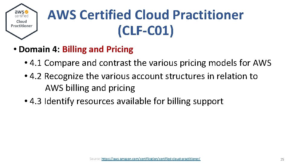 AWS Certified Cloud Practitioner (CLF-C 01) • Domain 4: Billing and Pricing • 4. AWS Certified Cloud Practitioner (CLF-C 01) • Domain 4: Billing and Pricing • 4.
