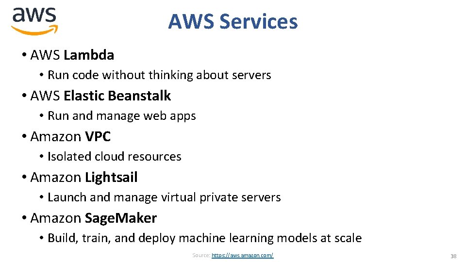 AWS Services • AWS Lambda • Run code without thinking about servers • AWS AWS Services • AWS Lambda • Run code without thinking about servers • AWS
